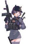  1girl absurdres blush chrispy_tuna crowbar gradient_hair gun hat highres holding holding_gun holding_weapon hololive hololive_english looking_at_viewer military military_hat multicolored_hair ninomae_ina&#039;nis open_mouth pointy_ears purple_hair simple_background smile solo tentacle_hair tentacles thighhighs virtual_youtuber weapon white_background 