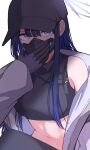  1girl absurdres bare_shoulders baseball_cap black_gloves black_hair black_headwear black_mask black_pants black_shirt blue_archive blue_eyes breasts chest_harness coat commentary crop_top gloves halo hand_up harness hat highres kiyakyuu long_hair looking_to_the_side mask medium_breasts midriff mouth_mask navel off_shoulder open_clothes open_coat pants saori_(blue_archive) shirt simple_background sitting sleeveless sleeveless_shirt solo white_background white_coat 