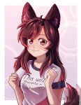  1girl :3 animal_ear_fluff animal_ears border breasts brown_eyes brown_hair bubble_background dungeon_toaster highres imaizumi_kagerou long_hair looking_at_viewer pink_background shirt short_sleeves smile solo tail touhou upper_body white_border white_shirt wolf_ears wolf_girl wolf_tail 