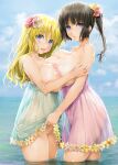  2girls black_hair blonde_hair blue_sky breast_press breasts cloud commentary_request day dress flower green_dress hair_flower hair_ornament ishikei large_breasts long_hair looking_at_viewer medium_hair multiple_girls nipples ocean outdoors partially_submerged pink_dress sky symmetrical_docking thighs 