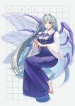  1girl absurdres angel_wings barefoot blue_dress blue_eyes dress full_body grey_hair guumin highly_responsive_to_prayers highres holding holding_wand long_hair long_sleeves open_mouth sariel_(touhou) solo touhou touhou_(pc-98) wand white_wings wide_sleeves wings 