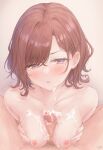  1boy 1girl after_ejaculation after_paizuri blush breast_hold breasts brown_hair collarbone completely_nude cum cum_on_body cum_on_breasts cum_on_penis facial_hair gameso hetero highres higuchi_madoka idolmaster idolmaster_shiny_colors looking_at_viewer male_pubic_hair medium_breasts mole mole_under_eye nipples nude pov pov_crotch pubic_hair red_eyes signature tagme 
