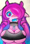  absurd_res animal_humanoid anthro big_breasts blue_hair blue_mouth blue_sclera blue_tongue blush breast_squish breasts cephalopod cephalopod_humanoid chain chain_leash clothing eye_covering female hair hi_res humanoid jacket jacket_on_shoulders leash marine marine_humanoid mollusk mollusk_humanoid multicolored_hair octopus_humanoid oil_painting_(artwork) painting_(artwork) pink_body pink_skin purple_eyes purple_hair sheebibites spiral_eyes squish surprised_expression tight_clothing tongue topwear traditional_media_(artwork) 