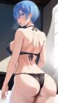 arms_at_sides ass bikini blue_eyes blue_hair blush breasts breath from_behind hair_ornament indoors large_breasts looking_at_viewer looking_back one_eye_covered open_mouth re:zero_kara_hajimeru_isekai_seikatsu rem_(re:zero) short_hair standing swimsuit the_amazing_gambit wet 