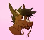  anthro barbel_(anatomy) brown_body dragon eastern_dragon flesh_whiskers hair hi_res horn male pink_background poppin simple_background smile solo zan_(poppin) 