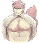  1boy abs animal_ears arms_behind_back bara bare_pectorals body_fur chest_hair chest_tuft collared_shirt cropped_torso fox_boy fox_ears fox_tail glasses kekkai_sensen kemonomimi_mode klaus_von_reinhertz large_pectorals large_tail long_sideburns looking_at_viewer male_focus mature_male muscular muscular_male muted_color mutton_chops navel nipples nore_(boosuke) open_clothes open_shirt pectorals red_hair semi-rimless_eyewear shirt short_hair sideburns sketch solo stomach tail tusks unbuttoned unbuttoned_shirt wide-eyed 