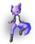  2023 aggressive_retsuko anthro blue_eyes bottomless bow_accessory breasts clothed clothing crotch_tuft eyebrows female footwear fours_(artist) fur genitals grey_background grey_clothing grey_footwear grey_jacket grey_shoes grey_topwear head_markings hi_res jacket mammal markings mephitid navel one_eye_closed open_mouth purple_body purple_fur pussy sanrio shikabane shoes simple_background sitting skunk solo tail topwear tuft white_body white_fur 