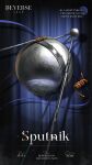  blue_background character_name copyright_name curtains earth_(planet) english_text highres logo no_humans object_focus official_art planet reflection reverse:1999 satellite shadow spotlight sputnik sputnik_(reverse:1999) still_life sun 