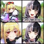  1girl absurdres adarin black_hair blonde_hair blush eyewear_on_head for_the_better_right?_(meme) fur_trim highres hololive hololive_english hololive_indonesia kaela_kovalskia kinect looking_at_viewer meme minecraft multicolored_hair red_eyes shiori_novella smile split-color_hair sunglasses tinted_eyewear two-tone_hair virtual_youtuber white_hair yellow_eyes 