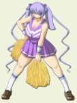  1girl alternate_breast_size alternate_costume barasuishou blush breasts brown_footwear cheerleader cleavage closed_mouth commentary_request flower flower_eyepatch full_body hair_between_eyes hand_on_own_hip highres holding holding_pom_poms itini-sanshi large_breasts light_purple_hair long_hair looking_at_viewer medium_bangs pleated_skirt pom_pom_(cheerleading) purple_flower purple_rose purple_shirt purple_skirt rose rozen_maiden shirt shoes simple_background skirt sleeveless sleeveless_shirt smile socks solo standing twintails white_socks yellow_eyes 