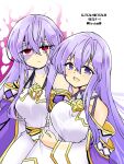  2girls bare_shoulders breasts cape circlet corruption dark_persona dress dual_persona fire_emblem fire_emblem:_genealogy_of_the_holy_war frown holding_another&#039;s_arm jewelry julia_(fire_emblem) julia_(heart_usurped)_(fire_emblem) long_hair looking_at_viewer mind_control multiple_girls open_mouth purple_cape purple_eyes purple_hair sash simple_background smile wide_sleeves yukia_(firstaid0) 