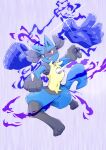  animal_focus aura clenched_hand commentary_request glint highres lucario no_humans open_mouth pokemon pokemon_(creature) purple_background red_eyes s2o3_chio simple_background solo spikes splatoon_(series) triple_splashdown_(splatoon) yellow_fur 