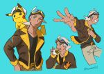  1boy belt belt_buckle black_shirt brown_belt brown_jacket buckle burger commentary_request eating food friede_(pokemon) goggles goggles_on_head green_background grin hand_up highres jacket long_sleeves male_focus on_shoulder open_clothes open_jacket pants pikachu pokemon pokemon_(anime) pokemon_(creature) pokemon_on_shoulder pokemon_sv_(anime) shirt smile teeth tomatomi 