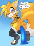  2_tails anal anal_penetration anthro armwear balls blush canid canine clothing crop_top dialogue dildo dildo_in_ass dildo_insertion english_text fishnet fishnet_armwear footwear fox genitals hi_res high_heels legwear male mammal miles_prower multi_tail nekoniku object_in_ass one_eye_closed penetration sega sex_toy sex_toy_in_ass sex_toy_insertion shirt solo sonic_the_hedgehog_(series) sound_effects tail text thigh_highs toeless_footwear topwear 