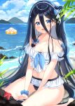  1girl :d absurdres aris_(blue_archive) beach between_legs bikini bikini_skirt black_hair blue_archive blue_bow blue_eyes blue_ribbon blush bow breasts cleavage commentary_request day frilled_bikini frills hair_bow hairband halo hand_between_legs happy highres long_hair looking_at_viewer midriff navel ocean on_ground outdoors ribbon sayan side_ponytail sitting small_breasts smile solo swimsuit teeth thighs upper_teeth_only very_long_hair 