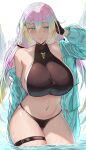  1girl absurdres bikini black_bikini black_gloves black_scrunchie blonde_hair breasts closed_mouth collarbone commentary cupitan_(granblue_fantasy) cupitan_(summer)_(granblue_fantasy) gloves gradient_background granblue_fantasy hair_between_eyes hair_ornament hair_scrunchie half-closed_eyes highres light_smile long_hair looking_at_viewer low_twintails micchan_(micchanmeido) navel pink_hair scrunchie sideboob skindentation solo swimsuit thigh_strap thighs twintails wading water wet 