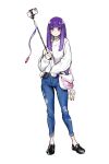  1girl alternate_costume bag bag_charm belt black_footwear blunt_bangs breasts casual cellphone charm_(object) commentary_request contrapposto denim expressionless fern_(sousou_no_frieren) frieren full_body handbag holding jeans large_breasts long_hair long_sleeves looking_at_viewer mo0o0rae pants phone purple_eyes purple_hair selfie_stick shirt shoes simple_background smartphone solo sousou_no_frieren standing sweater torn_clothes torn_jeans torn_pants white_background white_sweater 