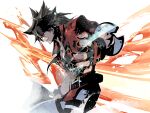  1boy black_gloves brown_hair cofffee fingerless_gloves fireseal forehead_protector gloves guilty_gear guilty_gear_strive headband long_hair male_focus muscular muscular_male ponytail red_eyes simple_background smile sol_badguy spiked_hair 