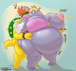  &lt;3 2023 anthro belly big_belly big_breasts bowser bracelet breasts claws clothed clothing cracked_ground cracks crown dragon duo elephant elephant_peach elephantid embrace exposed_breasts female hair headgear hi_res hug hugging_from_behind jewelry koopa looking_back male mammal mario_bros navel nintendo nipples nude obese obese_anthro obese_female overweight overweight_anthro overweight_female partially_clothed proboscidean scales scalie shell shinysteel shirt signature sound_effects spiked_bracelet spiked_shell spiked_tail spikes spikes_(anatomy) super_mario_bros_wonder tail tank_top tank_top_pull text thick_thighs toe_claws topwear trunk wide_hips 