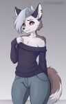  anthro bottomwear canid canid_demon clothed clothing crossgender demon denim denim_clothing ear_piercing ear_ring fluffy fluffy_tail ftm_crossgender fully_clothed fur girly grey_body grey_fur grey_hair hair hellhound helluva_boss inner_ear_fluff jeans long_sleeves loona_(helluva_boss) male mammal pants piercing red_sclera ring_piercing solo tail tuft white_body white_fur yorusagi 