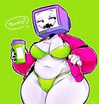  2023 big_breasts blush blush_lines bra breasts clothing colored container crossgender cup dialogue english_text eyelashes female for_a_head fur green_bra green_clothing green_panties green_underwear grey_body grey_fur hand_on_hip hi_res holding_container holding_cup holding_object hoodie humanoid humanoid_hands looking_away male_(lore) metsubo monotone_background monotone_body mtf_crossgender narrowed_eyes navel neck_tuft object_head open_mouth open_smile panties pink_clothing pink_hoodie pink_topwear pyrocynical question screen screen_face screen_head shaded slight_blush slightly_chubby smile solo standing television text topwear tuft tv_head underwear white_body 