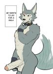  2023 anthro balls beastars canid canine canis clothed clothing collar collar_only english_text erection fur genitals hi_res humanoid_genitalia humanoid_penis jrjresq legoshi_(beastars) looking_away male mammal muscular muscular_anthro muscular_male nipples nude penis scar simple_background smile solo tail text topless topless_anthro topless_male wolf 