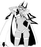 10mo 1girl arm_up bandeau belt_bra breasts brown_eyes cape cropped_legs dark-skinned_female dark_skin greyscale guilty_gear guilty_gear_xrd hair_between_eyes hand_on_own_hip highres long_hair looking_afar micro_shorts midriff monochrome navel parted_lips ramlethal_valentine shorts simple_background skindentation small_breasts solo spot_color thigh_strap 