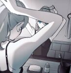  1girl arms_up bare_arms bare_shoulders bathroom black_shirt black_straps blue_eyes breasts glass greyscale hair_between_eyes hair_tie highres kimura_731 long_hair looking_ahead looking_at_mirror medium_breasts mirror monochrome original parted_lips ponytail reflection shadow shampoo shampoo_bottle shirt shirt_straps sleeveless sleeveless_shirt soap solo strap toothbrush towel tying_hair upper_body wall 