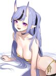  1girl bikini black_hair breasts choker covered_nipples eyepatch_bikini gishu gold_bikini highres horns large_breasts long_hair looking_at_viewer mole mole_under_mouth multicolored_hair nijisanji oni oni_horns open_mouth pointy_ears purple_hair rindou_mikoto side-tie_bikini_bottom skin-covered_horns solo streaked_hair swimsuit thigh_strap virtual_youtuber 