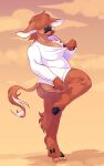  absurd_res anthro biped bovid bovine boypretties breast_outline breasts brown_body brown_fur cattle clothing cloud female fur hi_res highland_cattle hooves mammal outside raised_leg shirt solo tail tail_tuft topwear tuft 