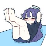  1girl arms_behind_head bare_legs barefoot biting black_buruma black_shirt blue_archive blush buruma closed_eyes exercise halo highres legs_up lip_biting long_hair mat piki_(itpiki) purple_hair shirt simple_background soles solo sweat toes trembling very_long_hair white_background yuuka_(blue_archive) 