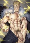  1boy abs absurdres bara blonde_hair closed_mouth clothes_pull coat coat_on_shoulders cowboy_shot fairy_tail flaccid fur_coat grey_background highres laxus_dreyar lightning looking_at_viewer muscular muscular_male nipples pants pants_pull pectorals penis scar scar_across_eye serious short_hair signature solo suyohara veins veiny_arms 