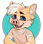  anthro blue_eyes clothing food male mammal outline shirt simple_background smile solo somesoup soup suid suina sus_(pig) t-shirt teeth topwear tuft wild_boar 