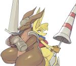  anthro armadillo_knight armor biped brown_body clothing fur gikowinko hi_res holding_object holding_weapon kangaroo macropod mammal marsupial simple_background weapon white_background yellow_body yellow_fur 