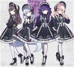  1other 25-ji_nightcord_de._(project_sekai) 3girls akiyama_mizuki asahina_mafuyu back_bow black_bow black_dress black_footwear black_headwear black_nails blue_eyes blunt_ends bonnet bow brown_eyes brown_hair chin_strap closed_mouth colored_eyepatch cross_print dress dress_flower expressionless eyepatch flower flower_eyepatch footwear_bow frilled_dress frills from_behind gothic_lolita hat hat_bow hat_flower highres lace lolita_fashion long_hair long_sleeves looking_at_viewer multiple_girls neck_flower pantyhose parted_lips pink_eyes pink_flower pink_rose project_sekai puffy_long_sleeves puffy_sleeves purple_eyes purple_flower purple_hair purple_rose red_flower red_rose rose shinonome_ena shirt shoes sidelocks smile standing standing_on_one_leg very_long_hair w_arms waka_(wk4444) white_bow white_pantyhose white_shirt yoisaki_kanade 