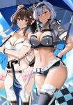  2girls absurdres alternate_costume bikini boots breasts brown_eyes brown_hair cleavage cropped_jacket dark-skinned_female dark_skin flag flower gloves grey_hair hair_between_eyes hair_flower hair_ornament highres holding holding_flag jacket kantai_collection large_breasts long_hair looking_at_viewer multiple_girls musashi_(kancolle) musashi_kai_ni_(kancolle) navel ponytail race_queen red_eyes smile swimsuit thigh_boots two_side_up umbrella very_long_hair white_bikini yamato_(kancolle) yunamaro 