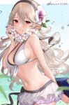  1girl arm_behind_back bikini bikini_skirt black_hairband black_ribbon book breasts cleavage corrin_(female)_(fire_emblem) corrin_(female)_(summer)_(fire_emblem) corrin_(fire_emblem) fire_emblem fire_emblem_fates fire_emblem_heroes floating_hair flower front-tie_bikini_top front-tie_top grin hair_between_eyes hair_flower hair_ornament hairband haru_(nakajou-28) hibiscus highres holding holding_book large_breasts layered_skirt long_hair looking_at_viewer microskirt official_alternate_costume pointy_ears red_eyes ribbon sideboob skirt smile solo standing strap_gap swimsuit twitter_username very_long_hair white_bikini white_flower white_hair white_skirt 