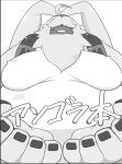  0fin0 angoramon anthro bandai_namco digimon digimon_(species) fluffy fluffy_chest hair hair_over_eyes hi_res japanese_text lagomorph leporid long_ears male mammal moobs overweight ponytail_ears rabbit solo text 