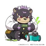  2023 anthro bear black_nose bottomwear clothing horn kemono kinoshita-jiroh male mammal minamoto_no_tametomo overweight overweight_male pants sengoku_puzzle shirt simple_background sitting solo tongue tongue_out topwear 