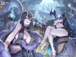  3girls absurdres ahoge antlers azur_lane barefoot barrel black_coat black_hair blue_hair breasts character_request closed_mouth coat coin copyright copyright_name crossed_legs feet gesoking gold_coin gold_trim grey_nails hair_between_eyes hair_over_one_eye hat highres horns huge_breasts lantern large_breasts logo long_hair looking_at_viewer mole mole_under_mouth multiple_girls nail_polish navel official_art outdoors pirate_hat pirate_ship revealing_clothes second-party_source shadow sidelocks sitting smile soles stomach sword tentacles thighs toes torn_clothes upper_body very_long_hair weapon 