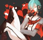  1boy black_gloves blood blood_splatter blue_eyes blue_hair boots chain crossed_legs gas_mask general_(module) gloves grey_background hair_between_eyes headphones heart high_heel_boots high_heels highres kaito_(vocaloid) knee_boots looking_at_viewer male_focus mask matcha_(higashiya0401) pants project_diva_(series) red_eyes scarf short_hair sitting smile solo unhappy_refrain_(vocaloid) uniform vocaloid 