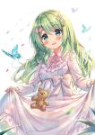  1girl :d akabane_(zebrasmise) animal bear_hair_ornament blue_butterfly blush bow breasts bug butterfly collared_dress dress falling_leaves flower green_eyes green_hair hair_bow hair_flower hair_ornament head_tilt highres leaf long_dress long_hair long_sleeves looking_at_viewer morinaka_kazaki neck_ribbon nijisanji open_mouth pink_bow puffy_long_sleeves puffy_sleeves ribbon simple_background skirt_basket skirt_hold sleeves_past_wrists small_breasts smile solo sparkle stuffed_animal stuffed_toy teddy_bear very_long_hair virtual_youtuber white_background white_dress white_flower 