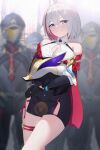  1girl absurdres animal bare_shoulders blue_eyes blurry blurry_background blush breasts buttons cape cleavage closed_mouth collared_dress colored_inner_hair cowboy_shot double-breasted dress grey_hair hair_between_eyes helmet highres hip_vent holding holding_animal holding_helmet honkai:_star_rail honkai_(series) large_breasts lens_flare light_blush looking_to_the_side masked medium_hair multicolored_hair numby_(honkai:_star_rail) panties pencil_dress red_hair side-tie_panties smile solo_focus topaz_(honkai:_star_rail) underwear warp_trotter_(honkai:_star_rail) zerotwenty_(020) 