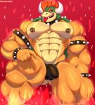  2023 abs abstract_background anthro armband barazoku biceps big_muscles big_pecs blush bowser bracelet bulge claws clothed clothing collar deltoids el_palas_magic eyebrows fire hair hi_res horn huge_muscles huge_thighs jewelry koopa looking_at_viewer male mario_bros muscular muscular_anthro muscular_male narrowed_eyes navel nintendo nipple_piercing nipples non-mammal_nipples obliques open_mouth open_smile pecs piercing quads red_background scalie shell simple_background smile solo spiked_armband spiked_bracelet spiked_collar spiked_shell spikes spikes_(anatomy) standing teeth text thick_thighs thong thong_only tongue tongue_out topless topless_anthro topless_male underwear underwear_only url 