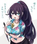  1girl between_breasts black_eyes black_hair blue_eyes blue_shirt blush breasts closed_mouth commentary_request dagger ear_piercing floral_print genderswap genderswap_(mtf) hawaiian_shirt heterochromia high_ponytail highres holding holding_dagger holding_knife holding_ticket holding_weapon hong_lu_(limbus_company) jewelry knife large_breasts limbus_company looking_at_viewer necklace open_mouth piercing project_moon shiki_(shikki46) shirt short_sleeves sidelocks simple_background smile tied_shirt translation_request weapon white_background 