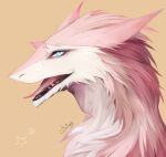  2015 akrolayn ambiguous_gender anthro artist_name blue_eyes bust_portrait cheek_tuft countershading digital_media_(artwork) digital_painting_(artwork) facial_tuft fur head_tuft hi_res mammal neck_tuft open_mouth pink_body pink_ears pink_fur pink_tongue portrait sergal shaded sharp_teeth side_view simple_background solo star teeth tongue tuft unavailable_at_source white_body white_countershading white_fur yellow_background 