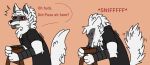  alleycat8706_(artist) anthro blush canid canine canis cheek_tuft death_(puss_in_boots) dialogue ears_back eyes_closed facial_tuft fluffy fluffy_tail fur fuzzy male mammal meme motion_lines oh_fuck_did_x_sit_here? pivoted_ears puss_in_boots_(film) puss_in_boots_the_last_wish red_eyes sniffing solo tail tuft white_body white_fur wolf 