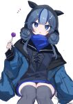  1girl aizuki_sui arknights black_hood black_thighhighs blue_eyes blue_hair blue_jacket blue_sweater candy commentary_request cowboy_shot double_bun food glaucus_(arknights) hair_between_eyes hair_bun head_tilt highres holding holding_candy holding_food holding_lollipop hood hood_up invisible_chair jacket light_blue_hair lollipop long_hair long_sleeves looking_at_viewer multicolored_hair open_clothes open_jacket parted_lips simple_background sitting slug_girl solo streaked_hair sweater thighhighs turtleneck turtleneck_sweater white_background zettai_ryouiki 