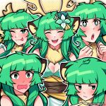  +_+ 1girl animal_ears antlers blunt_bangs blush breasts cleavage cleavage_cutout closed_eyes clothing_cutout english_commentary green_eyes green_hair haruka_karibu highres medium_breasts multiple_views one_eye_closed open_mouth shinomiya_arts smile teeth tongue tongue_out twitter_username virtual_youtuber vshojo 