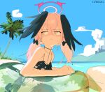  1girl :&lt; absurdres beach bikini bikini_top_only black_bikini black_bow black_wings blue_archive blue_sky blush bottomless bow breasts closed_mouth cloud dated day feathered_wings floral_print hair_between_eyes hair_bow halo head_wings highres innertube koharu_(blue_archive) koharu_(swimsuit)_(blue_archive) korean_commentary nangnangnang nose_blush outdoors pink_eyes pink_hair sky small_breasts solo swimsuit tree twintails water wet wet_hair wings 